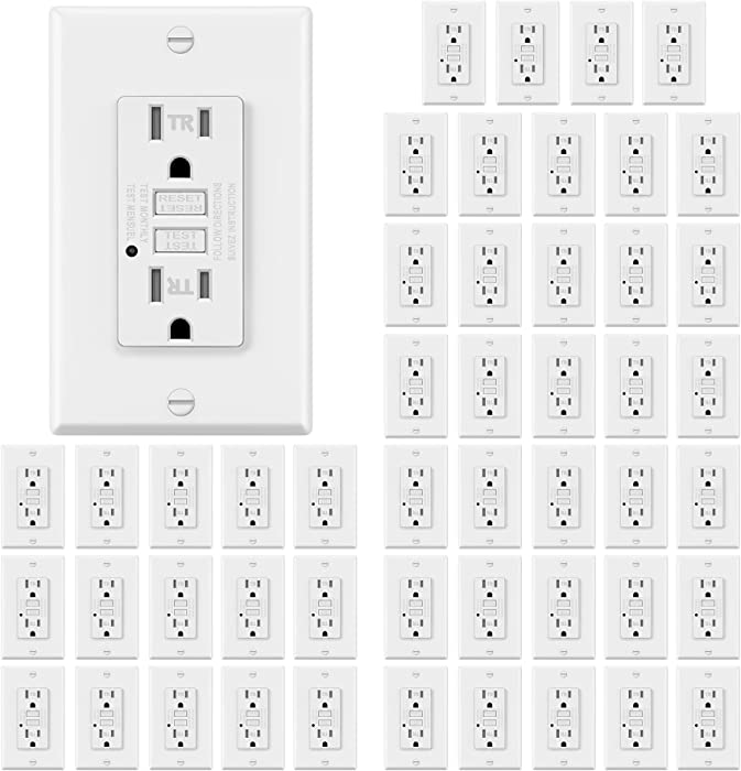 50 Pack - ELECTECK 15A/125V Tamper Resistant GFCI Outlets, Decor GFI Receptacles with LED Indicator, Residential and Commercial Grade, Decorator Wallplate Included, ETL Certified, White