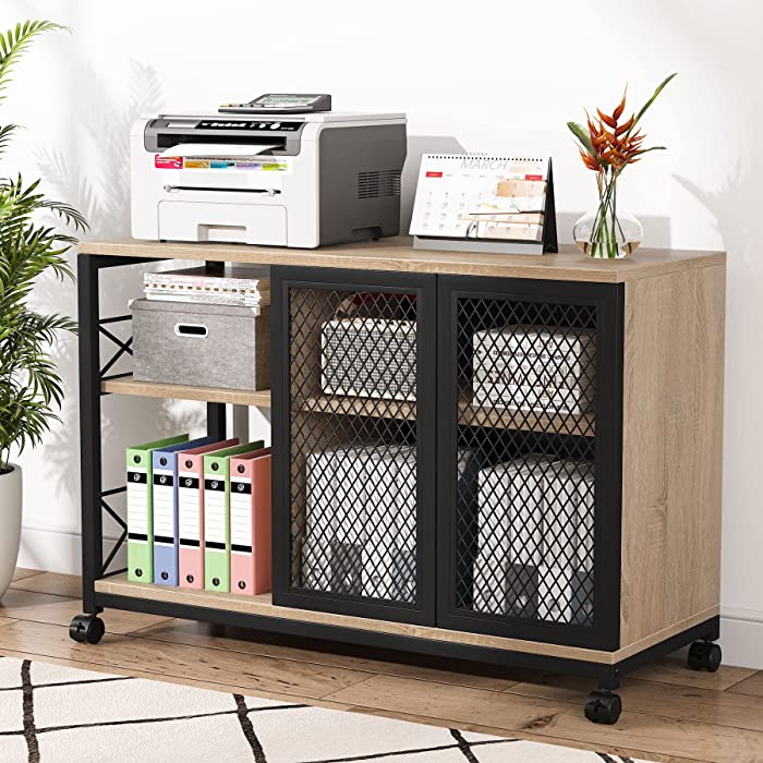 Tribesigns Office Storage File Cabinet on Wheels, Large Mobile Filling Cabinet with Doors, 3 Tier Printer Stand with Open Storage Shelves for Home Office, Black and Oak