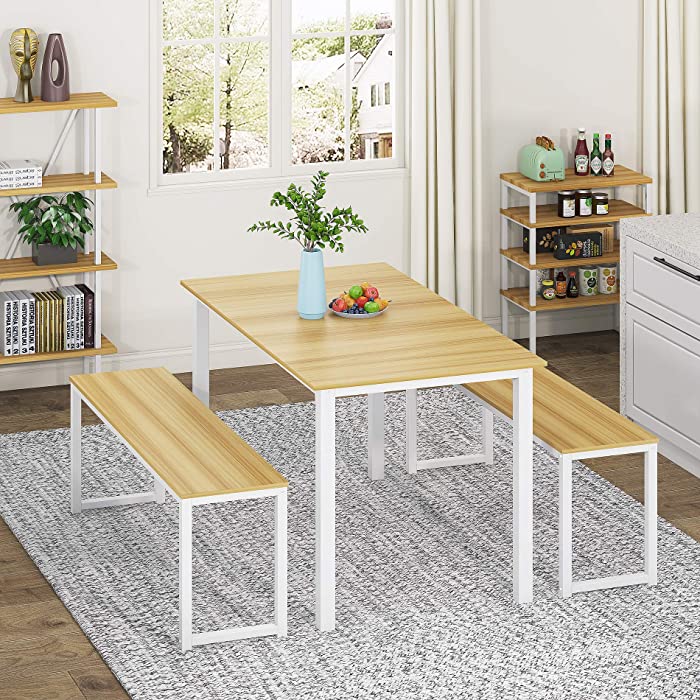 HOMOOI Dining Table Set for 4, 3 Pieces Kitchen Table with 2 Benches, Modern Wood Grains Table and Chairs Dinette Set for Home Kitchen, Dining Room, Restaurant, White