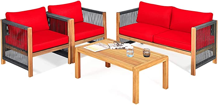 Tangkula Outdoor Wood Furniture Set, Acacia Wood Frame Loveseat Sofa, 2 Single Chairs and Coffee Table, 4 Pieces Conversation Set with Cushions, Garden Balcony Poolside Outdoor Living Set (1, Red)