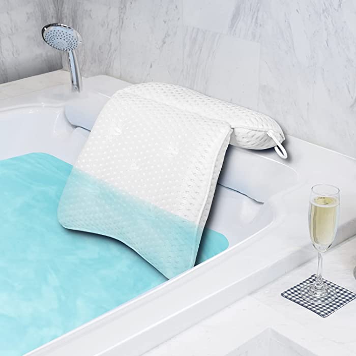 Bath Pillow, Bathtub Pillow with 4D Air Mesh Holes, Bathtub Pillow with 7 Suction Cups, Bath Cushion for Hot Tub, Home Bath, Relax Head/Neck/Back (White) (BP001-W)