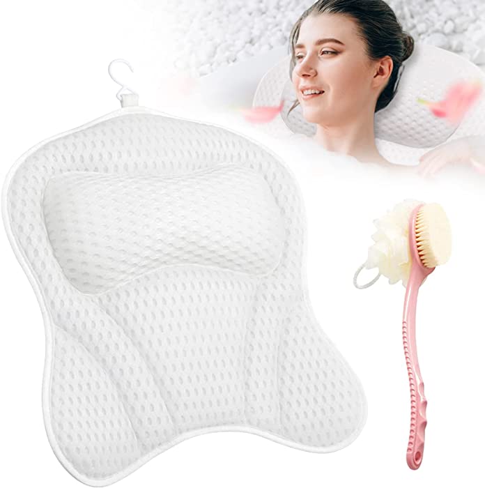 Foldrabbit Bath Tub Pillow Headrest, Bath Pillows for tub with Dual-Sided Long Handle Bath Shower Brush, SPA Bath tub Pillow with 3D Air Mesh and 6 Powerful Suction Cups Bath Accessories ( White)