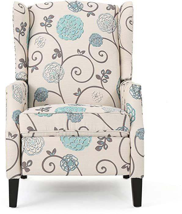 Westeros Traditional Wingback Fabric Recliner Chair (White & Blue Floral)