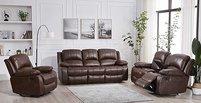 Betsy Furniture 3PC Bonded Leather Recliner Set Living Room Set, Sofa, Loveseat, Chair 8018 (Brown, Living Room Set 3+2+1)