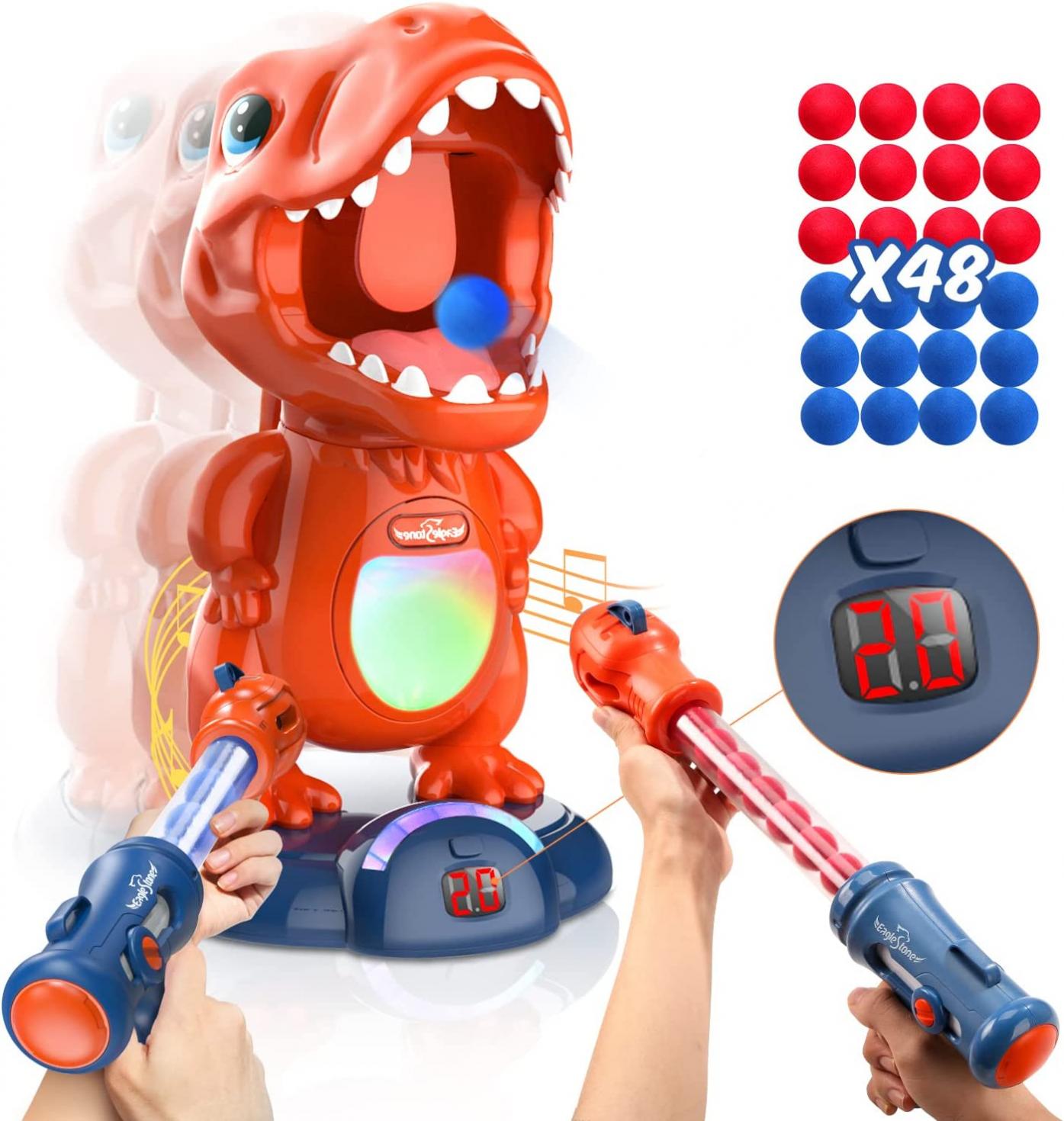 Movable Dinosaur Shooting Toys for Kids Target Shooting Games with 2 Air Pump Gun, Party Toys with Score Record, LED & Sound, 48 Foam Balls Electronic Target Practice Toys Gift for Boys and Girls