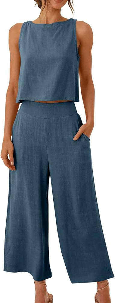 2 Piece Outfits for Women Summer 2023 Linen Sleeveless Crop Button Tank Top Pocket Wide Leg Capri Pants Set Sets