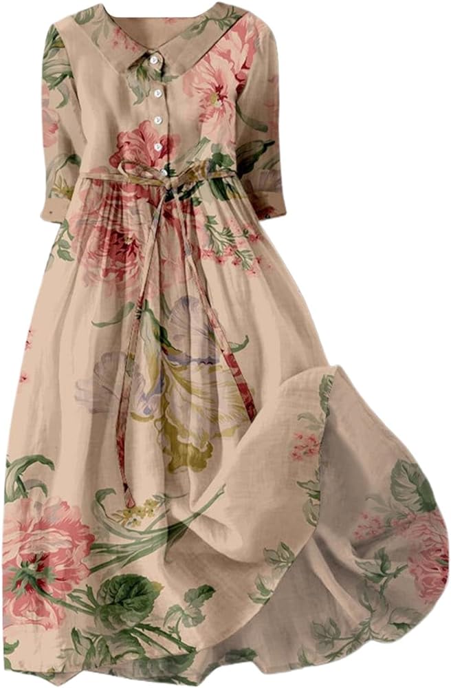 Boho Dresses for Women 2024 Summer Floral Print Casual Button Dress Plus Size Short Sleeve Loose Beach Sundresses
