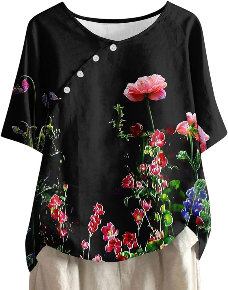 Linen Shirts for Women 2024 Plus Size Crewneck Button Down Floral Tops Tunic Casual Comfy Cotton Summer Trendy Clothes