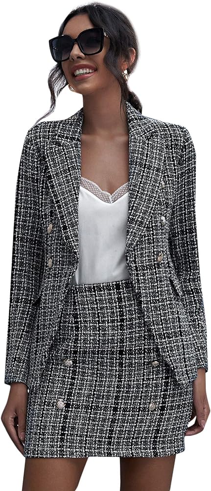 SweatyRocks Women's Business Suit 2 Pieces Tweed Blazer Jacket Coat and Skirt Set
