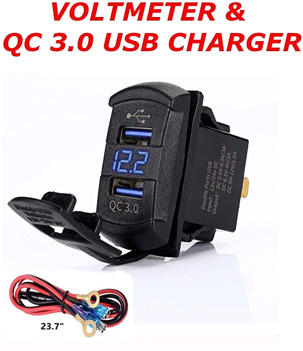 Switchtec Quick Charge 3.0 Dual USB Rocker Switch Style Charger Blue Voltmeter for Boats, Polaris, RZR 1000, Ranger, Mobile Home, RV, Can Am Spyders, Can Am Maverick, Can AM SxS, Golf Cart