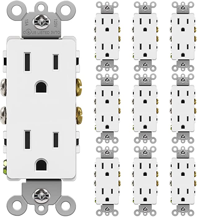[10 Pack] BESTTEN 15-Amp Decorator Receptacle Outlet, Non-Tamper-Resistant, 15A/125V/1875W, UL Listed, White