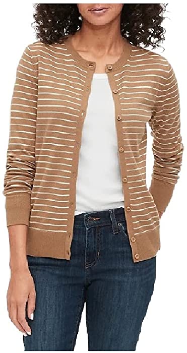 Gap Crewneck Cardigan Sweater Camel Stripe (Medium)