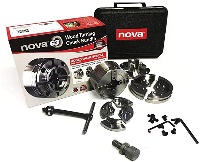 Nova TK-48246 Direct Thread 1 Inch Small Wood Turning Chuck Bundle Set with Automatic Jaw Safety Stop and Copper Impregnated Jaw Slides, Reversible