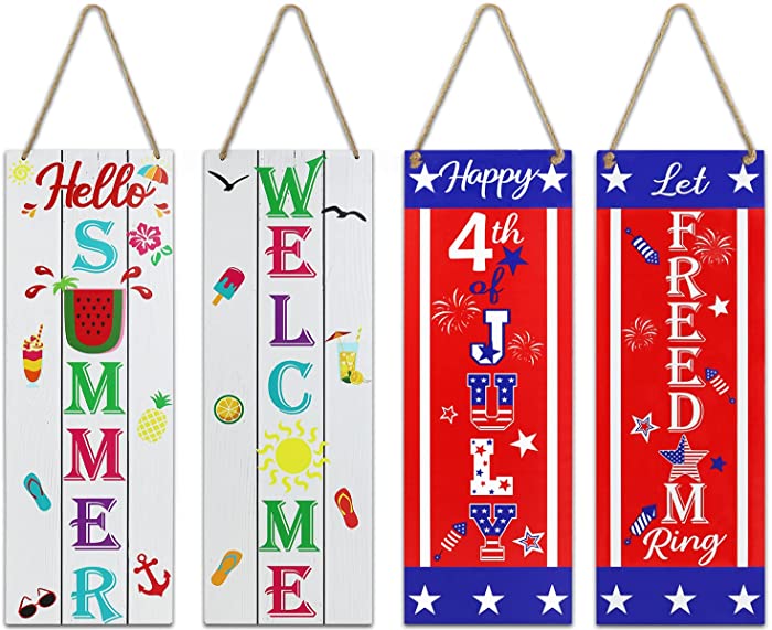 Hello Summer/4th of July Patriotic Decorations Wooden Sign Hanging Banner for Door Wall (2 Pack 17"x 6" Reversible Wall Decor) - Summer Theme & Fourth of July Theme Farmhouse Decor for Home Party Yard