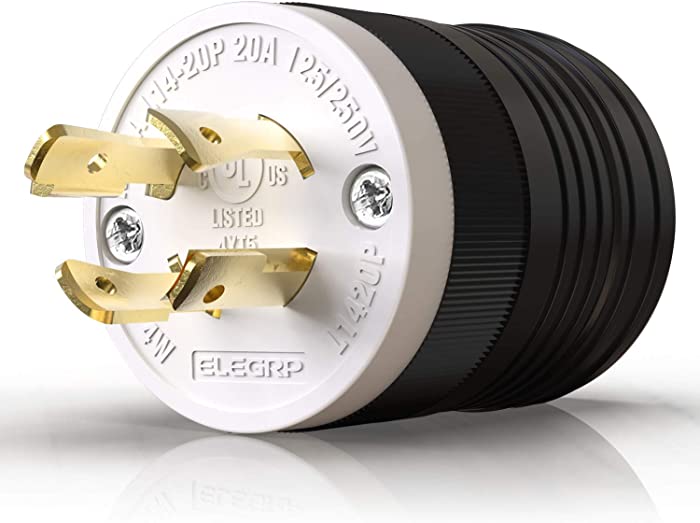 ELEGRP NEMA L14-20P Locking Plug, Generator Twist Lock Adapter Plug, 20 Amp 125/250V 3 Pole 4 Wire Grounding, Industrial Grade Heavy Duty, UL Listed (1 Pack, Black/White)
