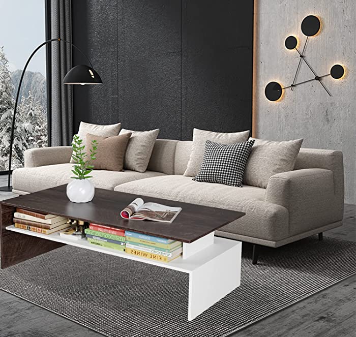Modern Wood Coffee Table, 2-Tier Sofa Table, 47.2” Large Tea Table with Open Shelf, Shelf Storage Organizers, Center Coffee Tables Console Table for Living Room Restroom Home Furniture, Oak/White