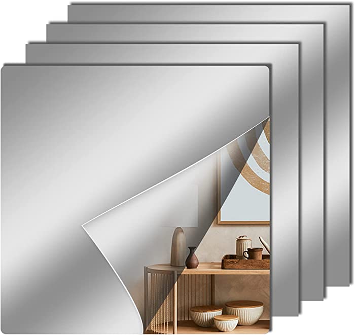 4 Pack Flexible Mirror Sheets Self Adhesive Non Glass Mirror Tiles Mirror Stickers Acrylic Soft Reflective Mirror Full Length Mirror for DIY Craft Home Wall Decoration(12x12 Inch)