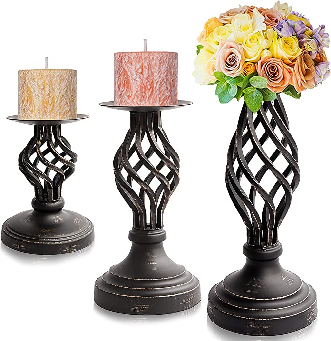 Pillar Candle Holder Set of 3 Candle Accessories with Height 11.2" 8.3" 5.8" Pillar Candlesticks for Home Decor Metal Black Candle Stand(L&M&S)