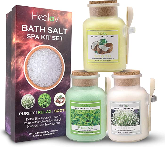 Bath Salt Gift Set, Natural Epsom Salts Scented with Essential Oils - Spa Kit with 3 Individual Pouches, Wooden Scoop, Gift Box – Detox Skin, Hydrate, Heal & Relax with Aromatherapy
