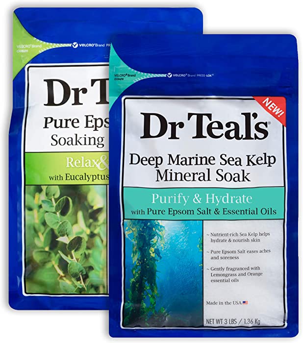 Dr Teal's Epsom Salt Bath Combo Pack (6 lbs Total), Relax & Relief with Eucalyptus & Spearmint, and Purify & Hydrate with Deep Marine Sea Kelp