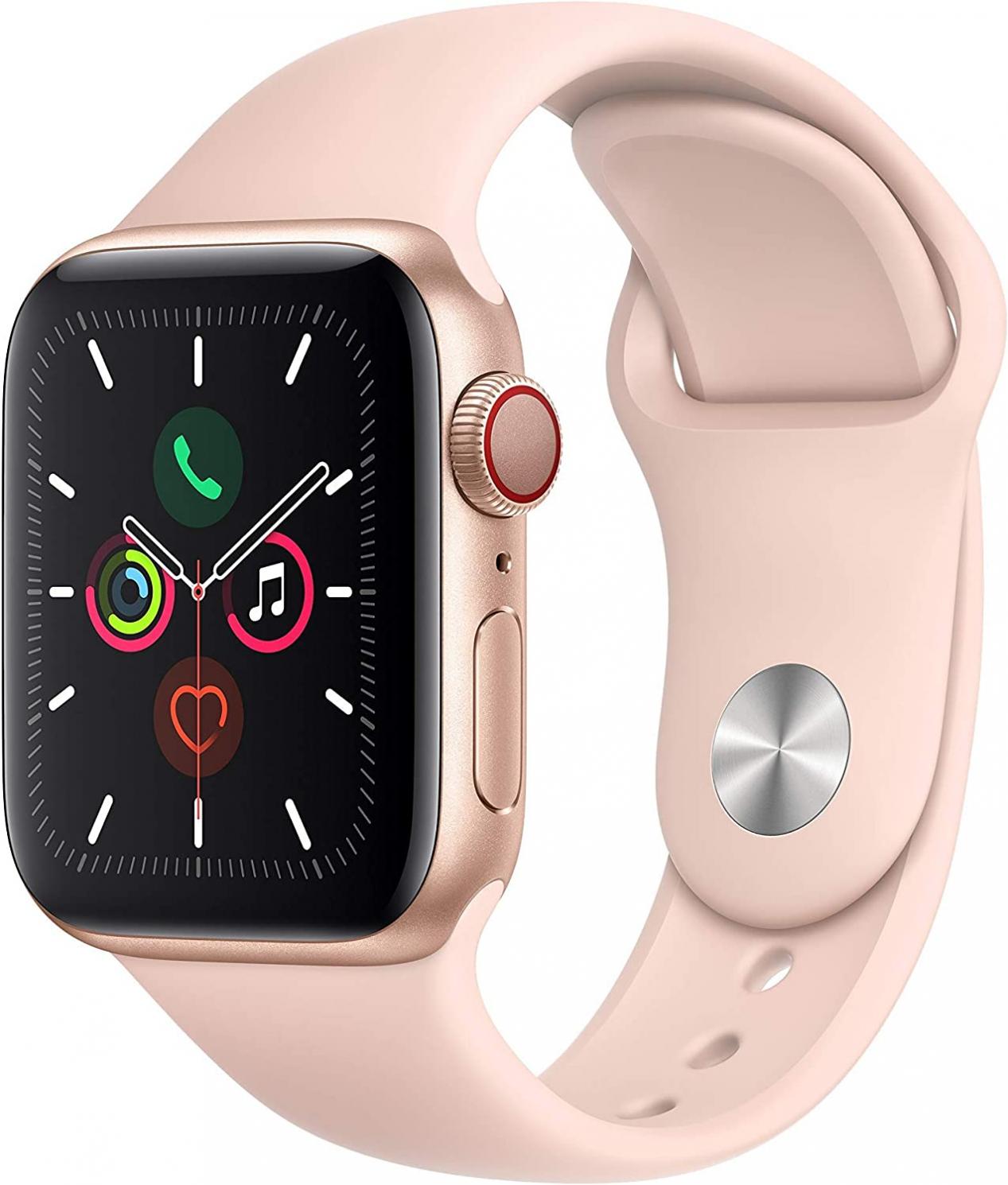 Apple Watch Series 5 (GPS + Cellular, 44MM) Gold Aluminum Case with Pink Sand Sport Band (Renewed)