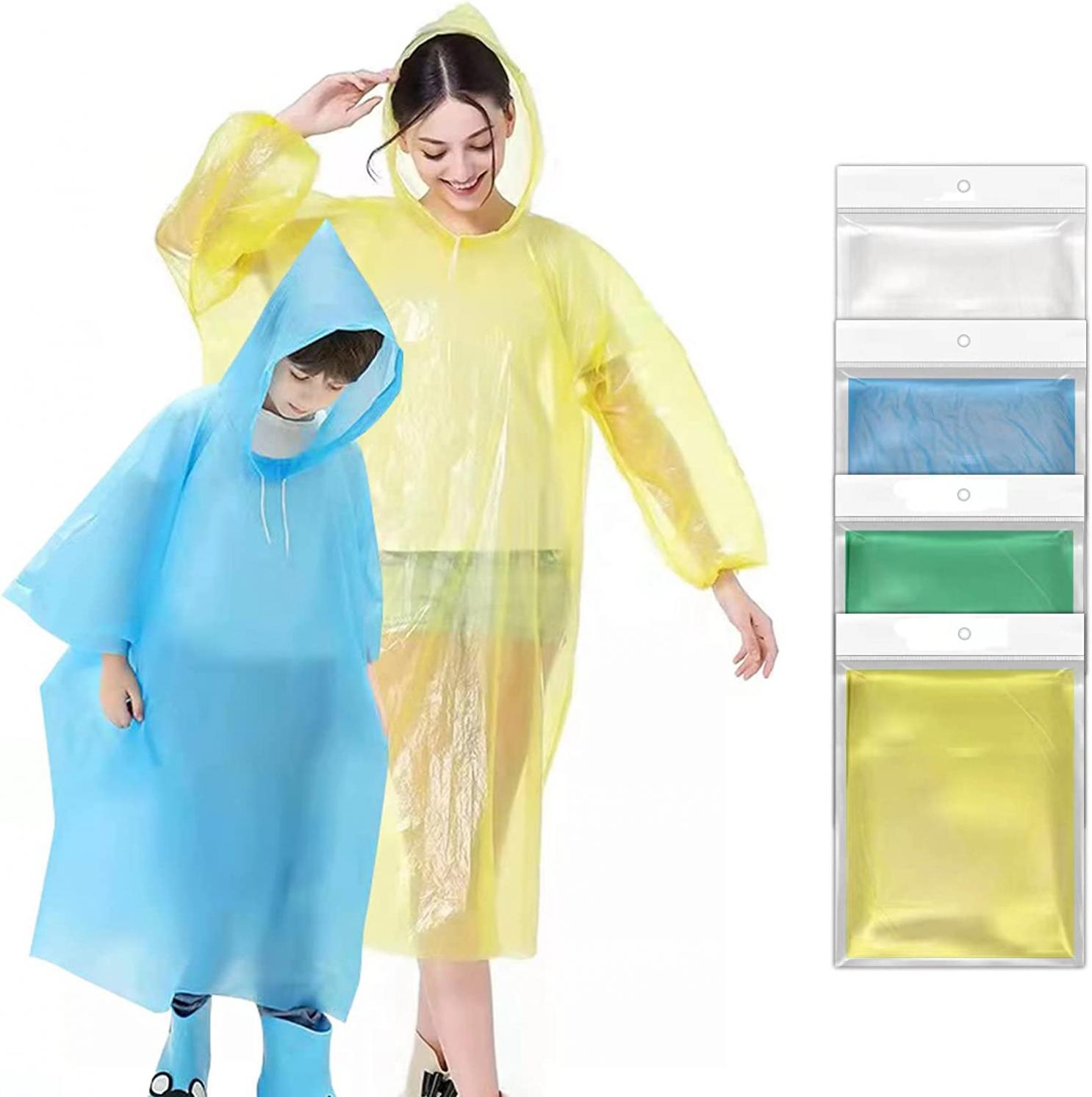 Ponchos Family Pack, Rain Poncho for Adults and Kids (5 Pack, 4 Colors) Disposable or Reusable Emergency Ponchos丨Rain Ponchos with Drawstring Hood