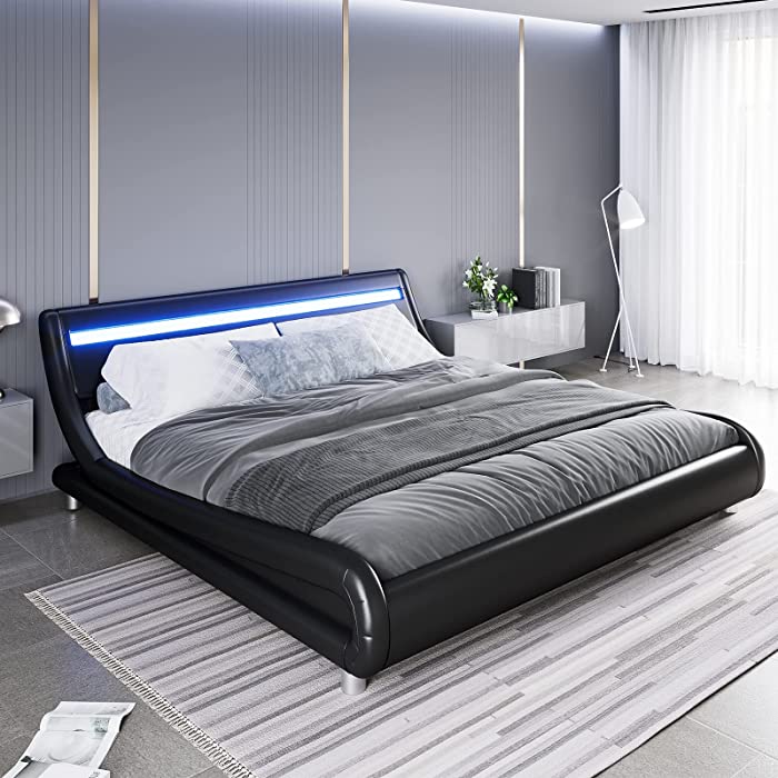 Deluxe Faux Leather Upholstered Platform Bed Frame with LED Headboard, Low Profile Wave-Like Design, Wood Slat Support, Remote Control, No Box Spring Needed, Easy Assemble, King Size, Black