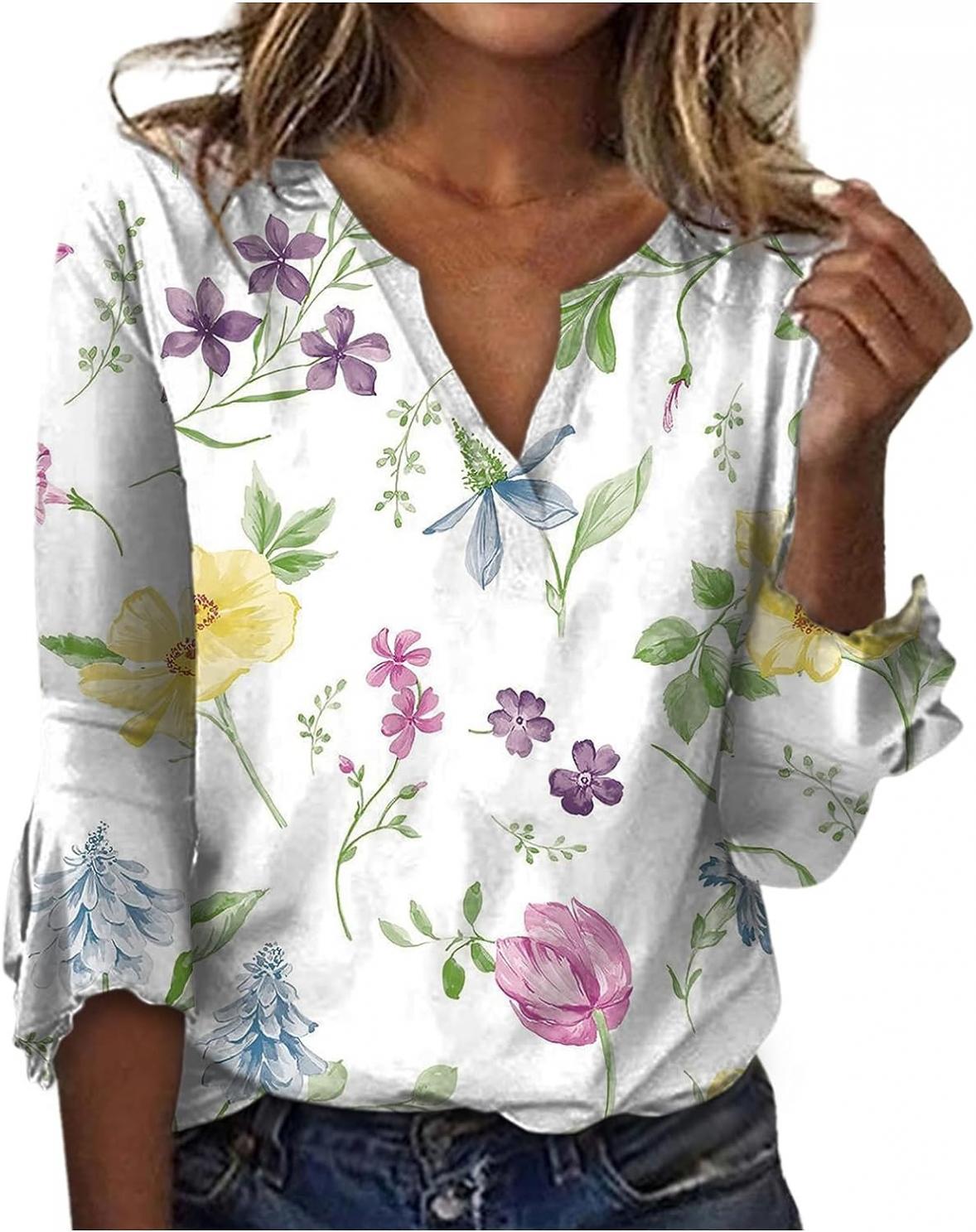 3/4 Sleeve Tops for Women Trendy 2023 Cute Boho Floral Tunic Summer Shirts Dressy Casual Bell Sleeve V Neck Fall Blouses