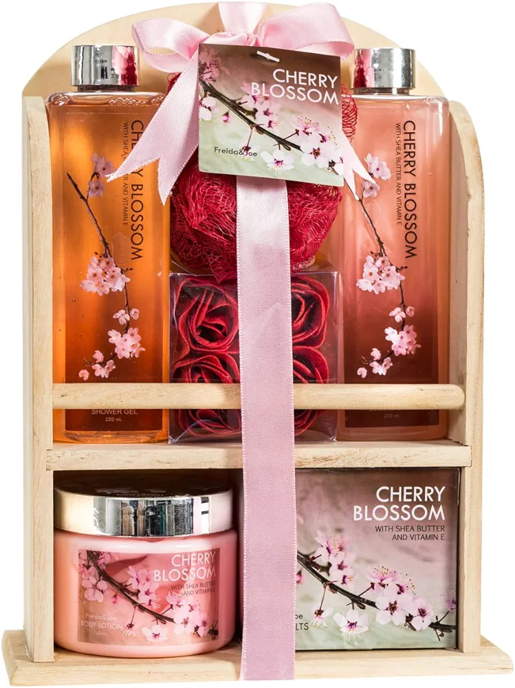 Deluxe Cherry Blossom Relaxing Spa Basket For Women: Indulge Bath Set Home Spa Package With Shower Gel, Bubble Bath, Bath Salts, Body Lotion, Bath Puff, Pink Bath Rose Soaps In Wooden Curio