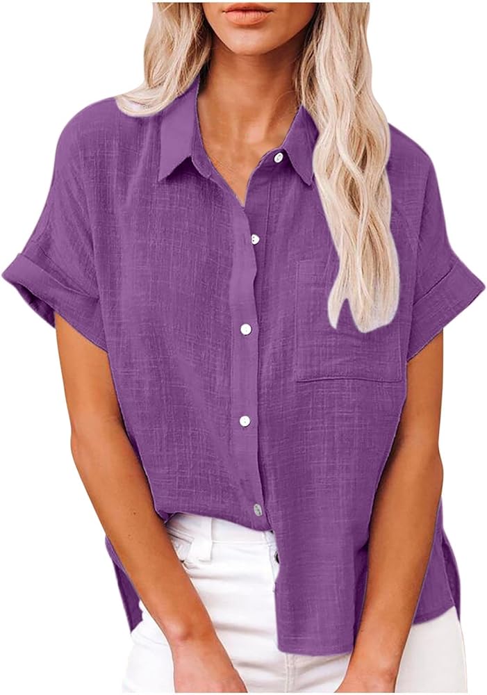 Women's Plus Size Summer Cotton Linen Tops Fashion Solid Button Down T Shirts Casual V-Neck Loose T-Shirt Blouse