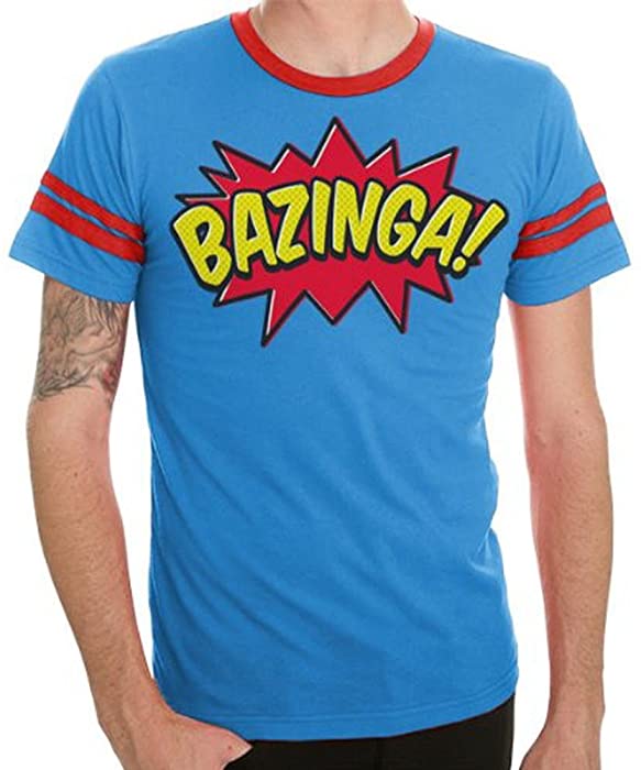 The Big Bang Theory Comic Book Type Bazinga Striped Sleeves Blue Adult T-shirt Tee