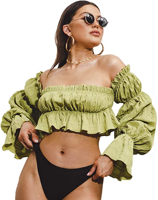 SheIn Women's Off Shoulder Puff Long Sleeve Crop Tops Ruffle Ruched Frill Sexy Blouse