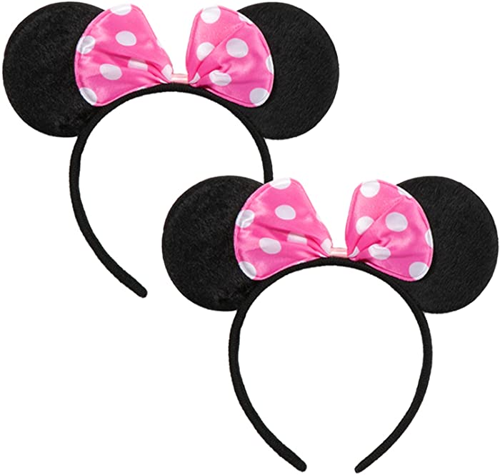 CHuangQi Mouse Ears Headband (Set of 2), Solid Black and Pink Bow with Polka Dot, Party Favors