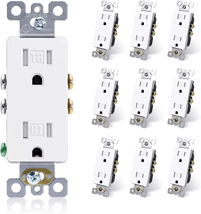 ELEGRP Decora Outlet Tamper Resistant Outlet 15 Amp Outlet White Wall Outlets, Electrical Outlet 3 Prong Duplex Outlet, Self-grounding Receptacle Outlet, 125V, 2 Pole 3 Wire, 5-15R, UL Listed, 10 Pack