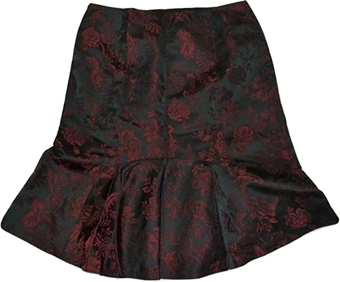 Ann Taylor Antique Floral Black RED Maroon Shiny Jacquard Skirt 10 Petite Women