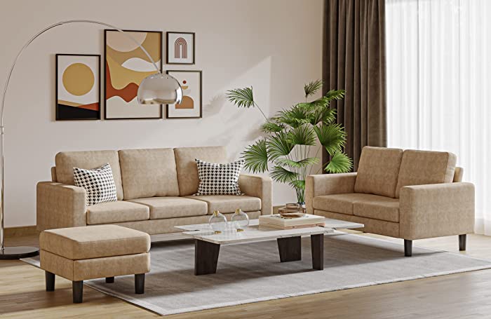 Panana 3 Piece Small Sofa Set, Sectional Sofa Loveseat with Ottoman for Small Space Living Room Apartment (Beige)