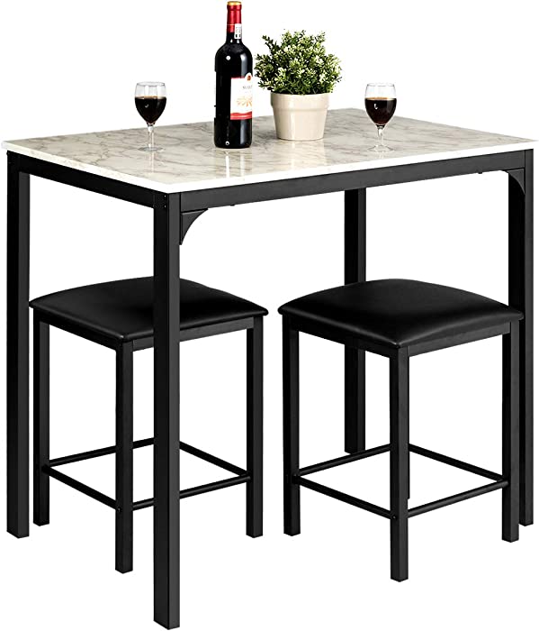 Giantex 3 Pcs Dining Table and Chairs Set with Faux Marble Tabletop 2 Chairs Contemporary Dining Table Set for Home or Hotel Dining Room, Kitchen or Bar (White & Black)