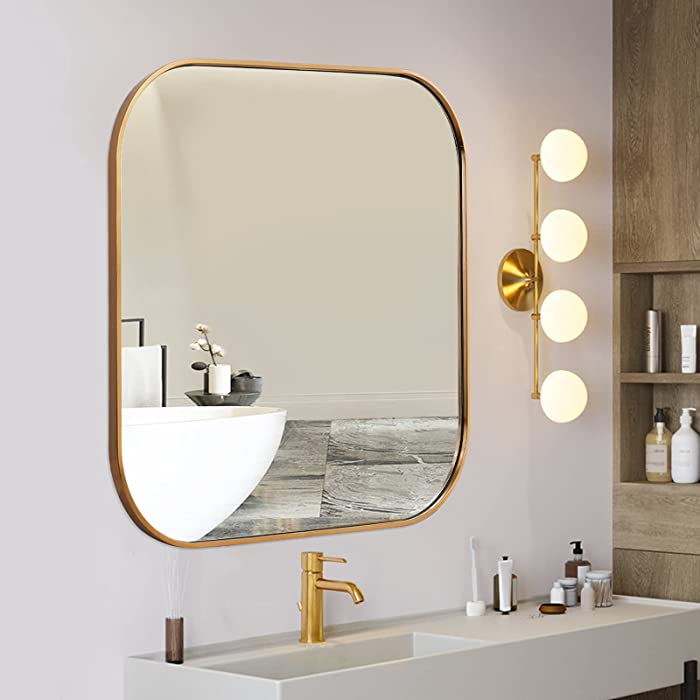MOTINI Large Square Wall Mirror 32", Gold Brushed Brass Stainless Steel Metal Framed, Wall Mounted Vanity Mirror for Bathroom, Bedroom, Living Room, Entryway