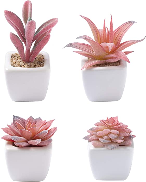 LeonDia Fake Succulent Plants for Desk Decor，4 Pieces of Various Mini Desk Plants in White Ceramic Pots for Living Room Corner Kitchen Clearance Decoration