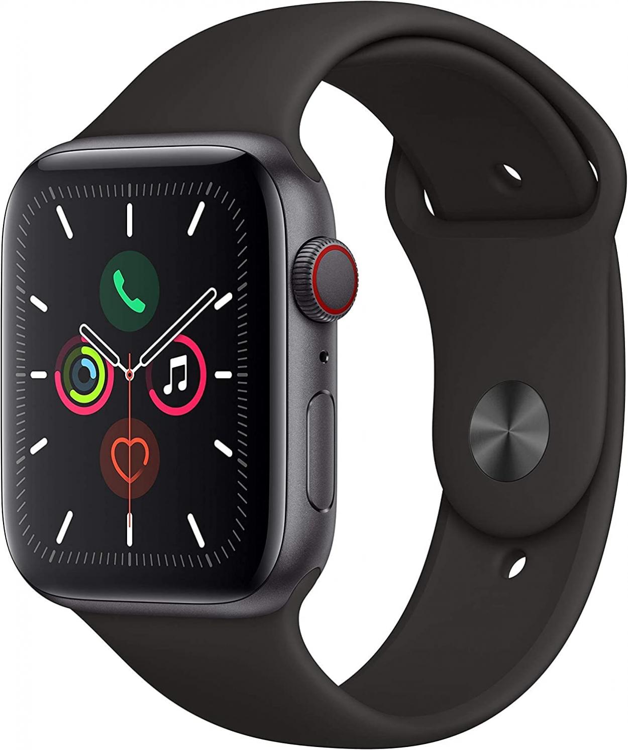 Apple Watch Series 5 (GPS + Cellular, 44MM) Space Gray Aluminum Case with Black Sport Band (Renewed)