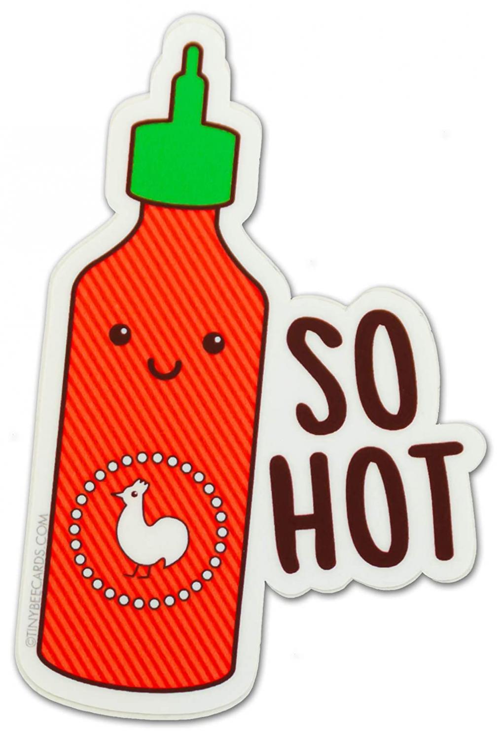 Sriracha Vinyl Sticker"So Hot" - Spicy Hot Sauce Foodie Decal Gift, Kawaii Food Pun Water Bottle Laptop or Bike Sticker