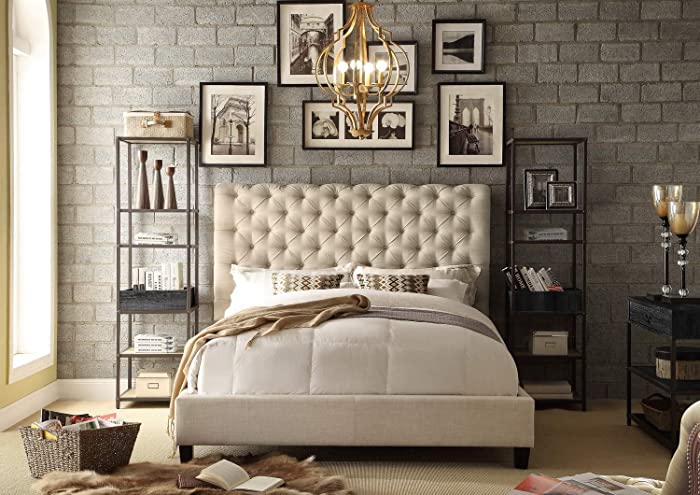 Rosevera Jenner Upholstered Bed Frame with Rolled-Back Headboard and Wood Slat Support, Low Profile, Easy Assembly, King, Beige