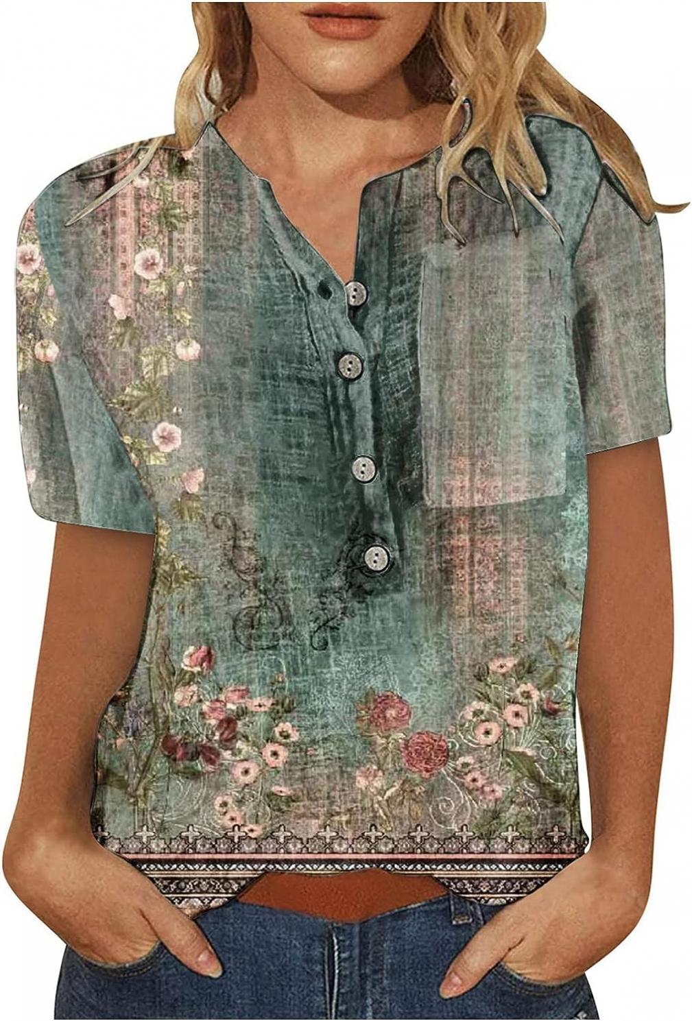 Women's Floral Graphic Print Tee Shirt Button V-Neck Short Sleeve Blouses T Shirts Pocket Casual Comfy Blouse Tops