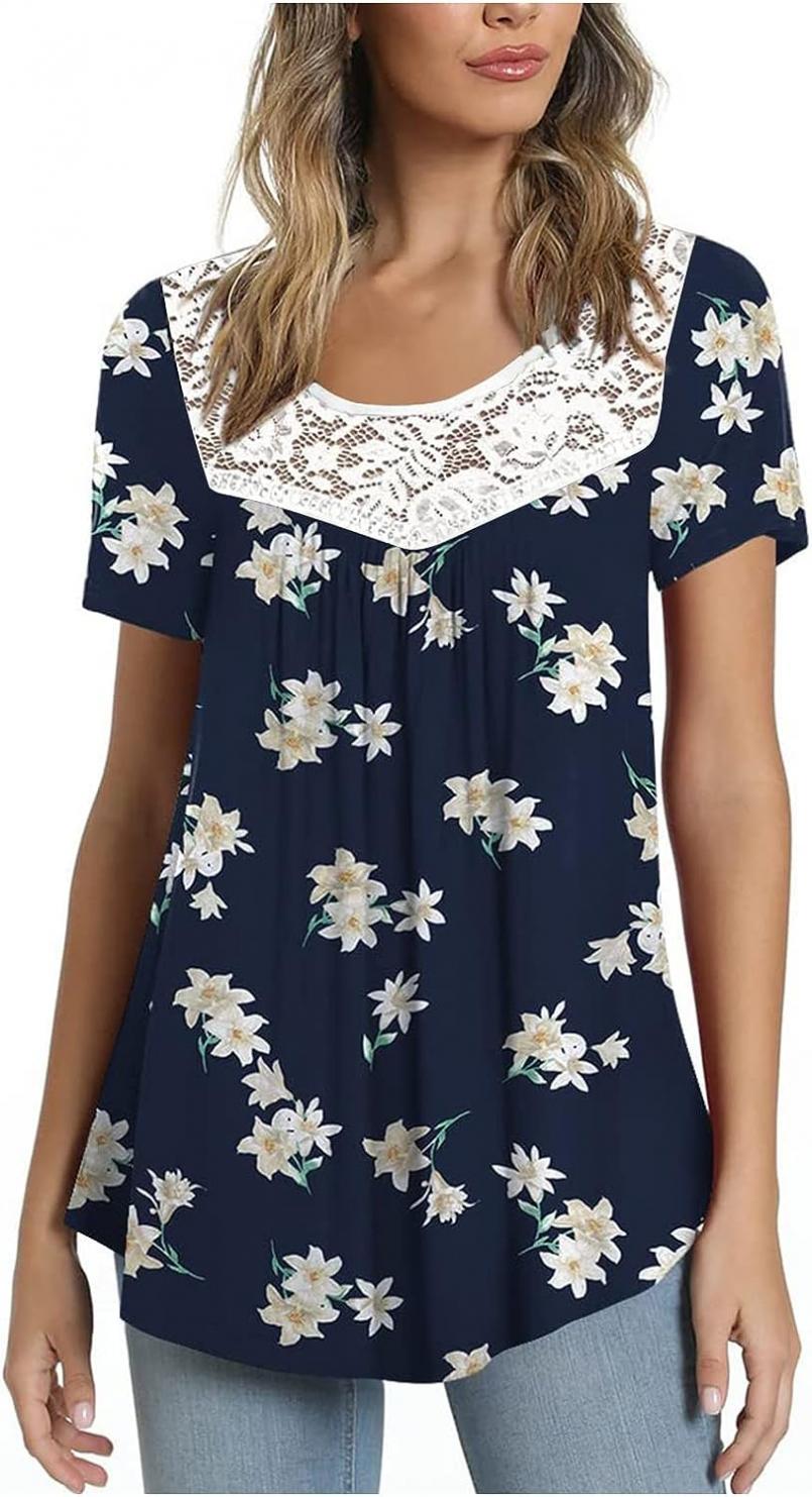 Womens Tunic Tops 2022 Summer Casual Dressy Short Sleeve Lace T Shirts Floral Print Cute Tees Flowy Pleated Trendy Blouses