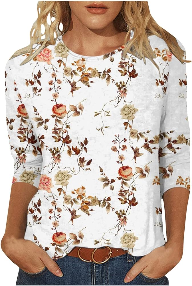 SMIDOW 3/4 Sleeve Tops for Women 2023 Casual Bohemian Floral Print Pullovers Loose Summer Spring Basic t Shirt Blouse
