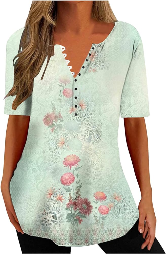 DASAYO Women's Tunic Tops for Leggings Half Button V Neck Short Sleeve Blouses Vintage Floral Print Summer Casual Shirts