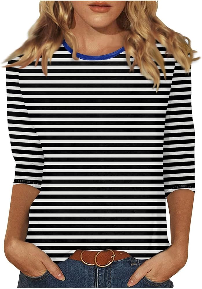 Women Summer Fashion Striped Printed Shirts Three-Quarter Sleeve Round-Neck Tops T-Shirt Basic Tee Tops Blouse