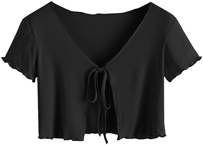 SweatyRocks Women's Tie Up Crop Top Short Sleeve Ribbed Knit Open Front Cropped Shirts