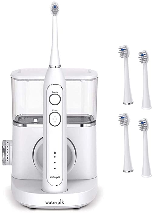 Waterpik White Sonic-Fusion Toothbrush and Heads (Set of 4). Brush and Floss at the Same Time. Soft Bristles Gently Brush While the Water Flosser Removes Plaque and Debris from Teeth and Gumline.
