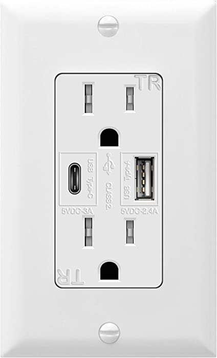 TOPGREENER 5.8A Ultra-High-Speed USB Type C/A Wall Outlet Charger, 15A Duplex Tamper-Resistant Receptacle Plug, Charging Power Outlet with USB Ports, Electrical USB Socket, UL Listed, TU21558AC, White